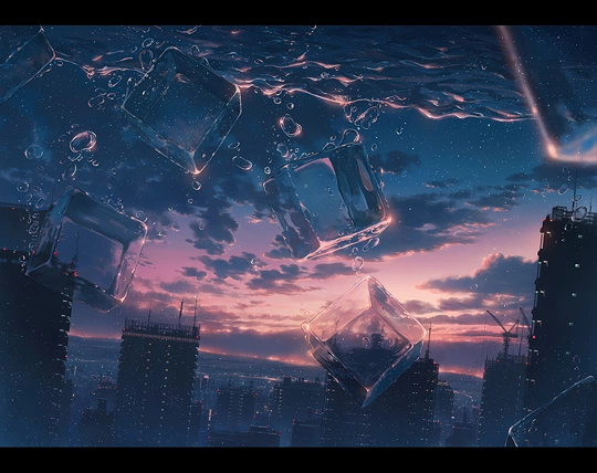 夜明けの空と氷水-草丛看图