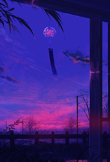 夏の夜の夕焼け雲-草丛看图