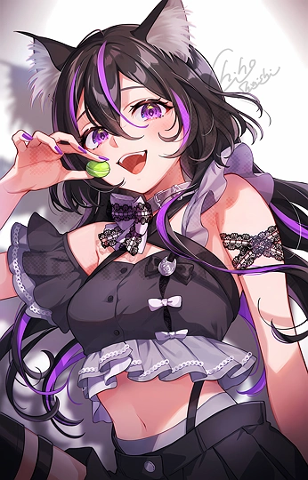 紫メッシュ黒猫ガール-草丛看图