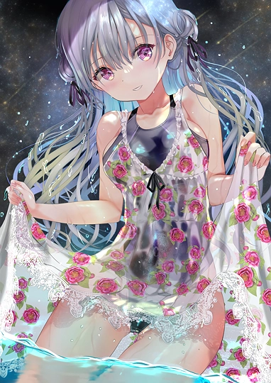 星空×競泳水着×濡れ透け花柄ワンピさん-草丛看图