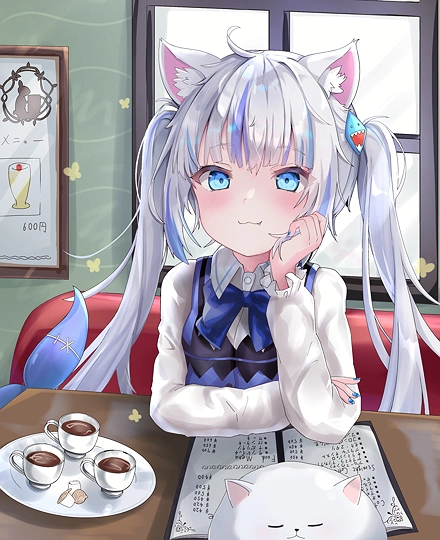 喫茶店で座っているサメ-草丛看图